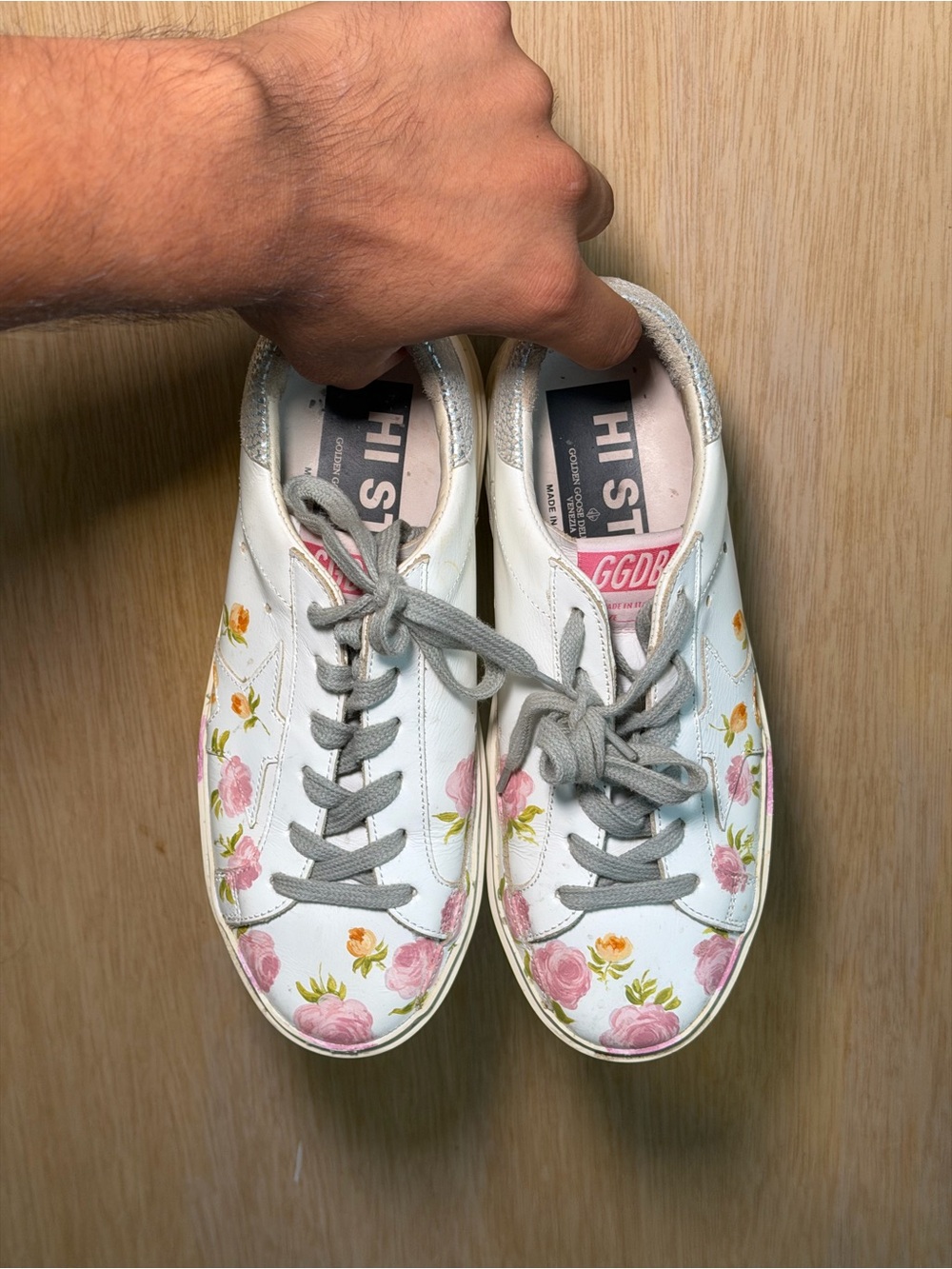 Golden Goose White Sneakers with Pink and Yellow Floral Print